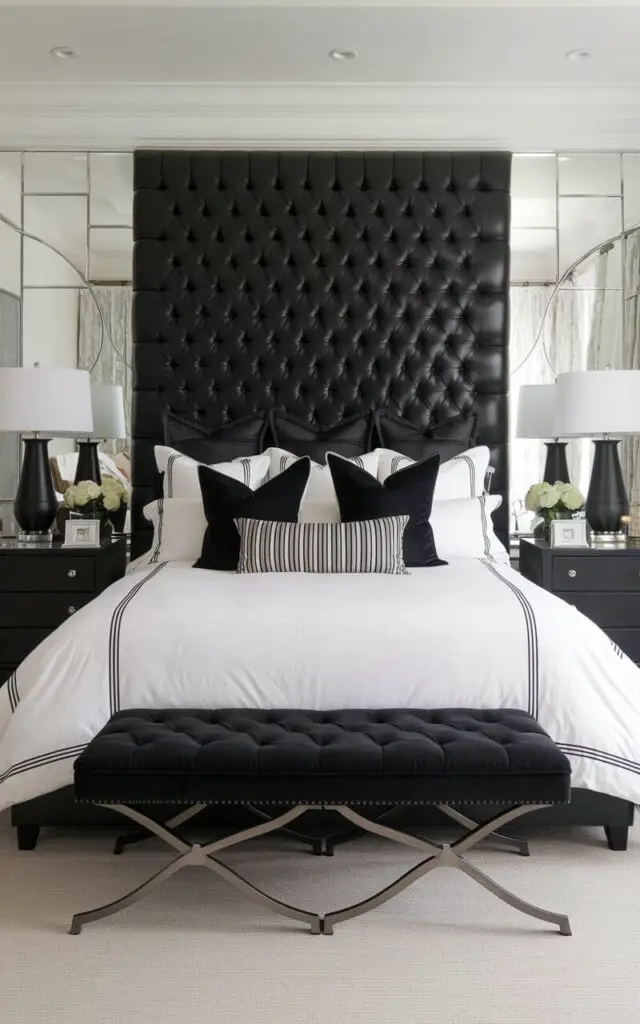 A photo of a chic black and white bedroom. The room has a statement black tufted headboard behind a cozy bed with crisp white bedding. Black nightstands with white lamps flank the bed, creating a balanced look in this refined and elegant room.