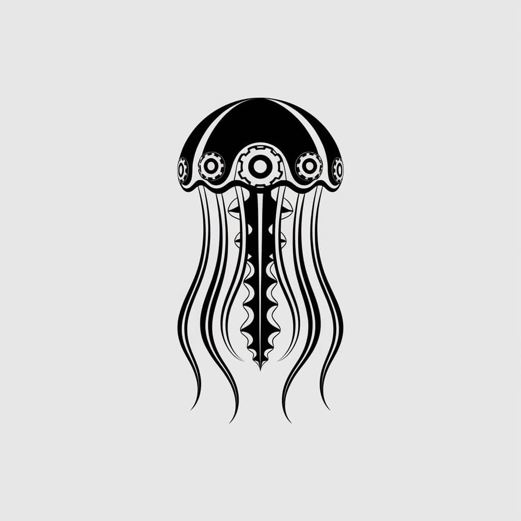 A minimalist, plain white background simple pencil drawing illustration of a steampunk jellyfish. The jellyfish is black and white with gear-like patterns on its bell and mechanical tentacles. The details are kept clean and stylized, and the image is drawn in a simplistic style with a focus on its steampunk theme. The jellyfish looks simple and easy to draw for a beginner.