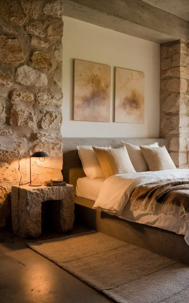 A photo of an earthy bedroom with a cozy bed flanked by stone and concrete accents. The bed is wrapped in soft white and beige bedding and rests on a concrete base, adding an industrial edge. A rough-hewn stone nightstand holds a minimalist lamp, casting a warm glow that highlights the stone's textures. Subtle earth-toned artwork hangs above the bed, and a soft gray rug grounds the space, balancing the rugged concrete with cozy, comfortable elements.