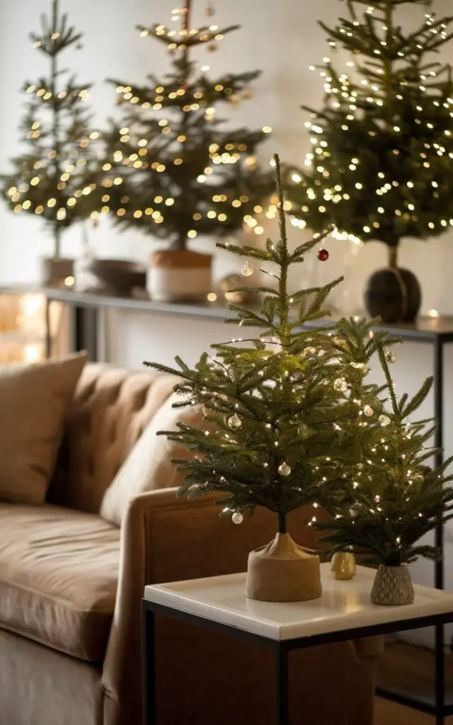 A stylish Christmas living room with a cozy sofa and several festive tabletop trees placed on side tables and shelves. The miniature trees are adorned with tiny ornaments and twinkling lights, adding a touch of greenery and sparkle to the space. The room has a warm and inviting ambiance with soft lighting.