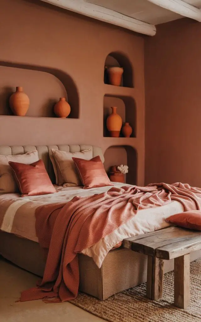 A cozy earthy bedroom with a terracotta hue. The room has a upholstered bed dressed in soft, layered blankets and pillows in beige and dusty rose. There's a reclaimed wood bench at the foot of the bed. A terracotta-colored throw blanket is draped artfully across the bed. The walls are painted a muted clay color. Decorative clay pots and earthenware vases sit on shelves, blending effortlessly with the warm tones and enhancing the earthy ambiance.