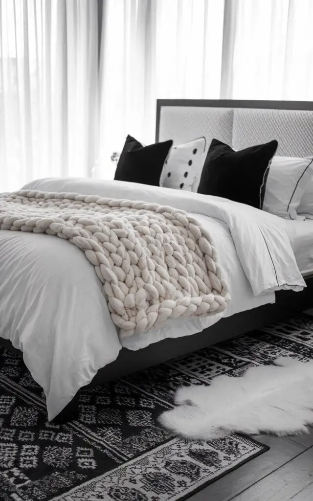 A black and white photo of a bedroom with a cozy bed. The bed is layered with a white duvet, a chunky knit throw in cream, and black velvet pillows. The bed has a modern black frame and a textured headboard. Black and white patterned rugs cover the wooden floor. A white fur rug is placed beside the bed. Light filters in through sheer white curtains.