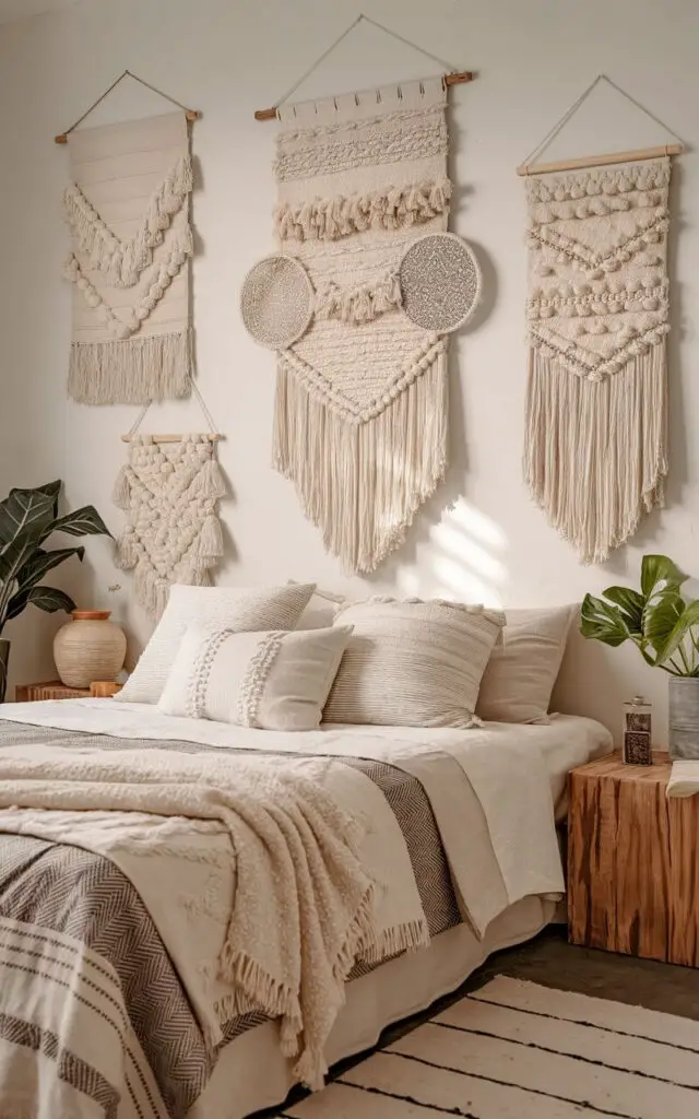 A photo of a boho bedroom with a cozy bed layered with patterned blankets and soft pillows. The walls have an arrangement of textured wall hangings with intricate weaving and fringe details. There are small indoor plants and wooden furniture pieces. The room has soft lighting that accentuates the textures, creating a relaxed, bohemian atmosphere.