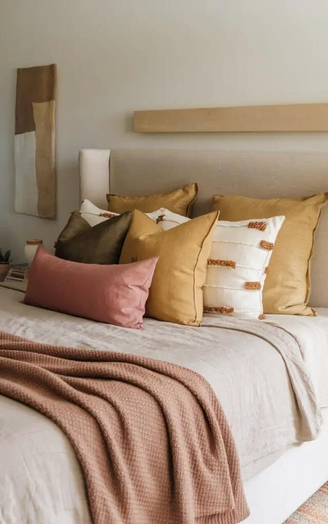 A photo of a cozy, earthy bedroom with a upholstered bed adorned with throw pillows in various earth tones, including clay, mustard, and olive green. The bed is dressed in soft, neutral linens, and the pillows add personality and warmth. A woven blanket drapes over the foot of the bed, enhancing the layered, inviting look. The backdrop includes a simple, light wood headboard and a few minimalist wall art pieces in natural tones, giving the room a balanced, earthy aesthetic.