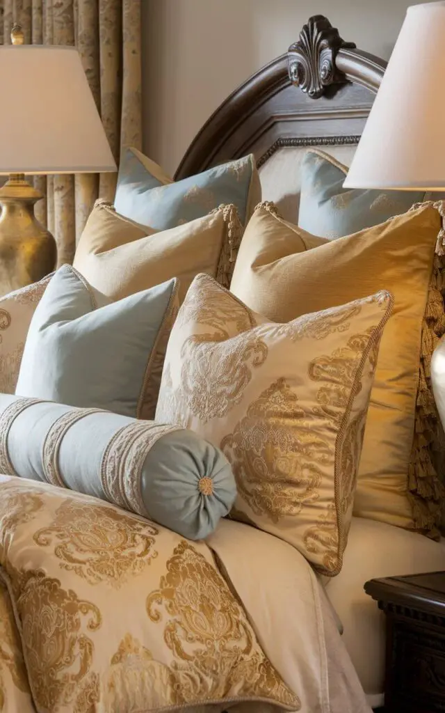 A photo of a traditional bedroom with a cozy upholstered bed. The bed is adorned with a variety of decorative throw pillows in shades of gold, cream, and soft blue. The pillows feature classic patterns such as damask and paisley, adding texture and color to the bed. A carved wooden headboard complements the traditional style. Brass lamps on each side of the bed cast a soft, warm light. The arrangement creates a rich, welcoming atmosphere.