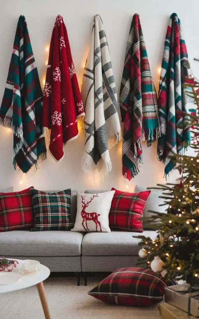 A creative Christmas living room where festive throws are artfully hung on the walls, adding texture and color to the space. The throws feature classic holiday patterns like plaid, snowflakes, and reindeer, complementing the very cozy sofa adorned with matching cushions. The room also includes a beautifully decorated Christmas tree and subtle lighting that enhances the festive ambiance, making it both stylish and inviting.