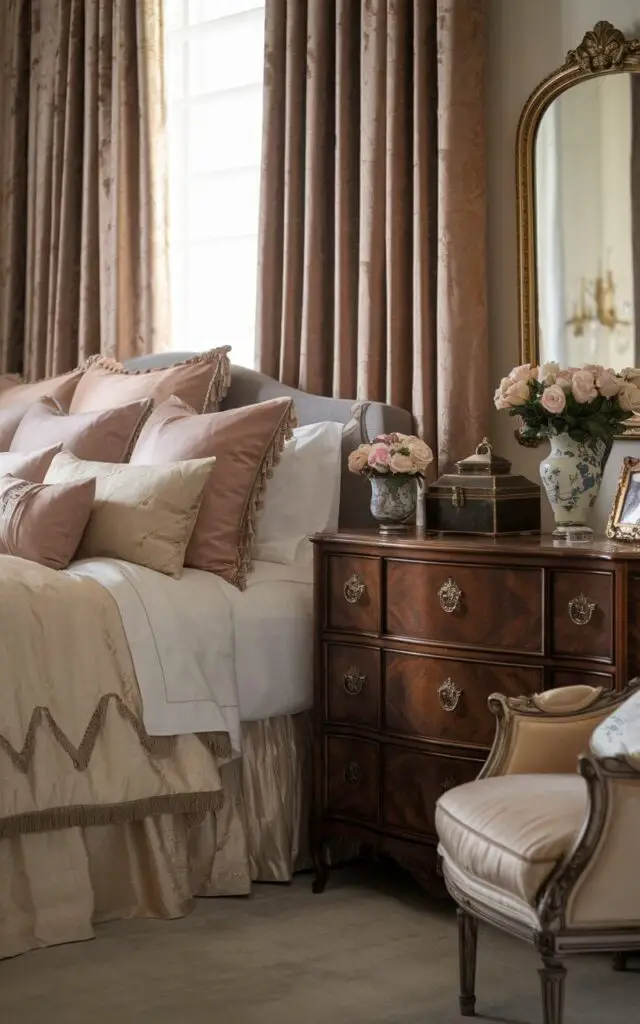 A photo of a luxurious traditional bedroom. There's a cozy bed dressed in soft, layered linens and decorative pillows. Beside the bed, a rich wood dresser is styled to perfection, featuring antique accessories like a vintage jewelry box, a delicate porcelain vase with fresh roses, and a small, ornate picture frame. A gilded mirror hangs above the dresser, adding both depth and a hint of luxury to the room. Elegant, soft light filters in through floor-to-ceiling velvet curtains, casting a warm glow across the room.