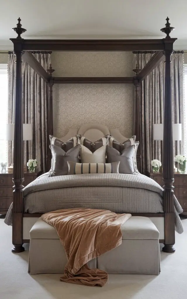 A photo of a grand, minimalist traditional bedroom showcasing a heavy, dark wood bed frame with ornate carvings and classic finials. The very cozy upholstered bed is piled with layered quilts, textured pillows, and a luxurious velvet throw, making it the room's main attraction. Matching nightstands with brass lamps flank the bed, adding symmetry to the layout. Behind the bed, a muted damask wallpaper adds subtle elegance, while soft light filters in through the thick, floor-length drapes. The solid wood frame anchors the space, creating a warm and timeless atmosphere in this traditional bedroom.