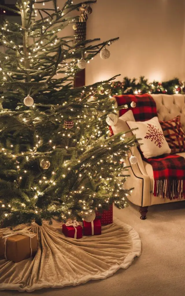 A photo of a beautifully decorated Christmas living room. There's a majestic Christmas tree in the room, with a luxurious fabric tree skirt around its base. The tree is adorned with twinkling lights and ornaments. There are wrapped gifts beneath the tree. A cozy sofa nearby is decorated with holiday throws and pillows. The overall ambiance of the room is festive and inviting.