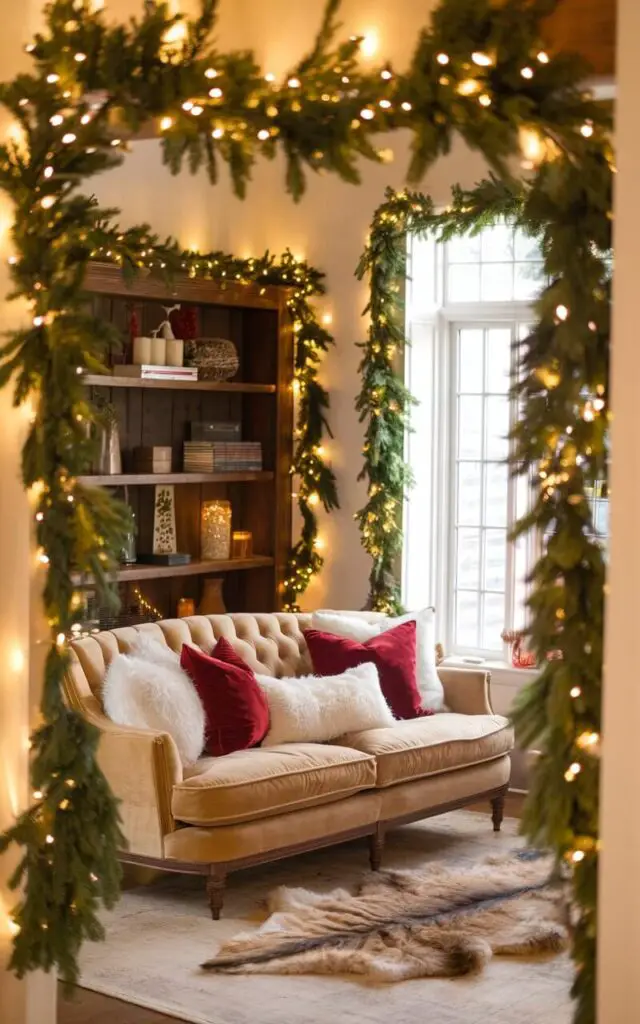 A beautifully decorated living room with warm twinkling fairy lights cascading from the walls and draped over a rustic wooden bookshelf. A very cozy upholstered sofa adorned with plush red and white Christmas throw pillows sits in the foreground, surrounded by a fur-lined rug. The soft golden glow of the fairy lights highlights the evergreen garland winding around the window frame, creating a magical and inviting atmosphere. The room is bathed in warm and bright natural light.