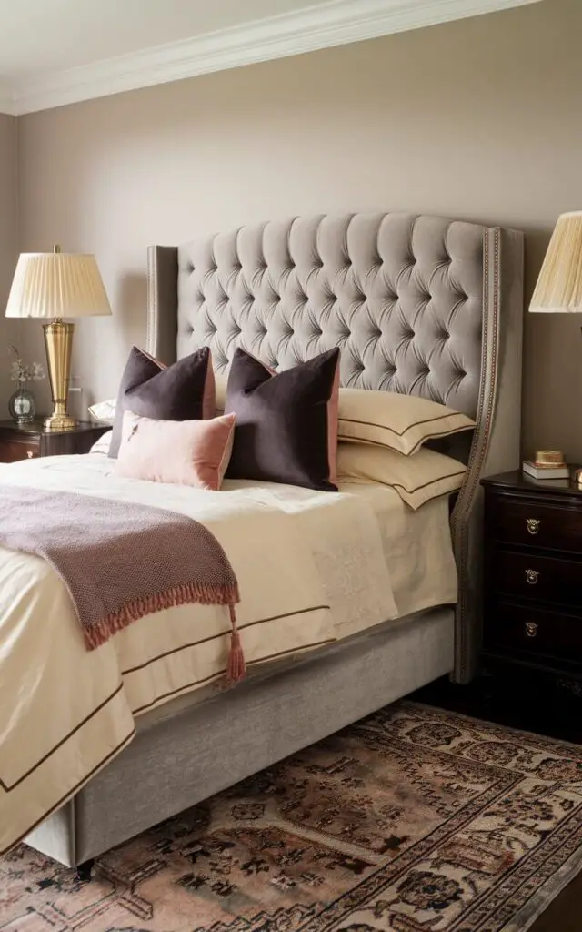 A traditional bedroom with a cozy bed featuring a soft gray velvet upholstered headboard. The headboard is tufted with brass studs, adding texture and elegance. The cream-colored bedding has accent pillows in dark gray and soft pink, providing warmth. Dark wood nightstands have brass table lamps with cream shades, casting a gentle glow that highlights the room's classic style. A Persian rug in muted tones lies beneath the bed, enhancing the room's sophistication.