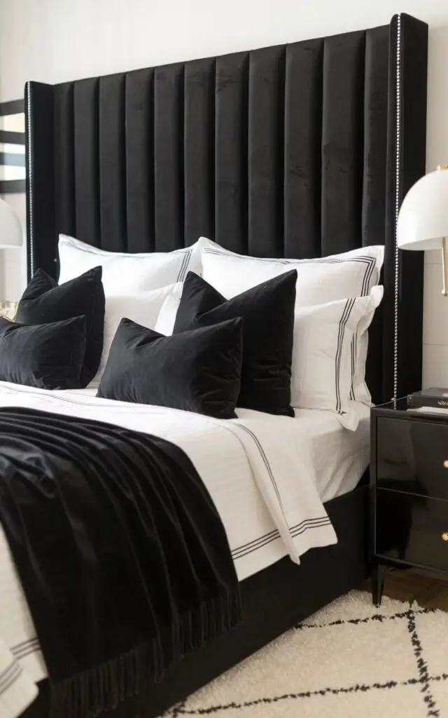 A cozy black and white bedroom with a bed draped with soft black velvet pillows and white linens. The bed features a black upholstered headboard, adding luxury and comfort. Black velvet throw blankets are placed at the foot of the bed. A black nightstand with a gold-trimmed white lamp is positioned beside the bed. The room has a chic, textured appearance.