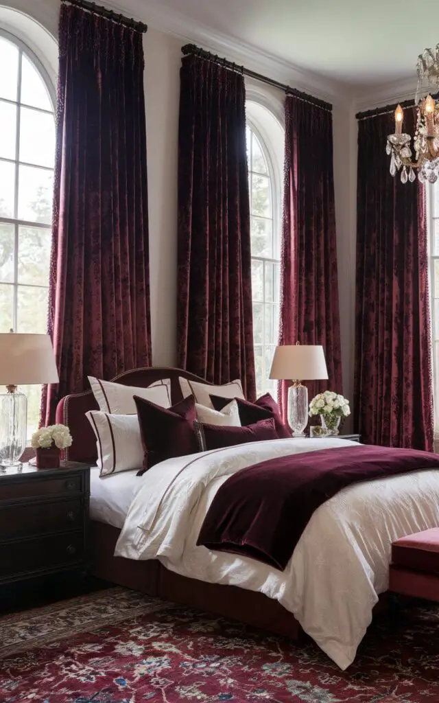 A photo of a traditional bedroom with rich velvet curtains in a deep burgundy hue that frame tall windows, adding texture and warmth. A cozy bed, covered in luxurious white and burgundy bedding, is the room's focal point. Dark wood furniture contrasts with the plushness of the drapes, and a vintage chandelier hangs above the bed. Soft lamplight on matching nightstands completes the elegant ambiance, while a Persian rug in coordinating colors adds to the inviting, timeless charm.