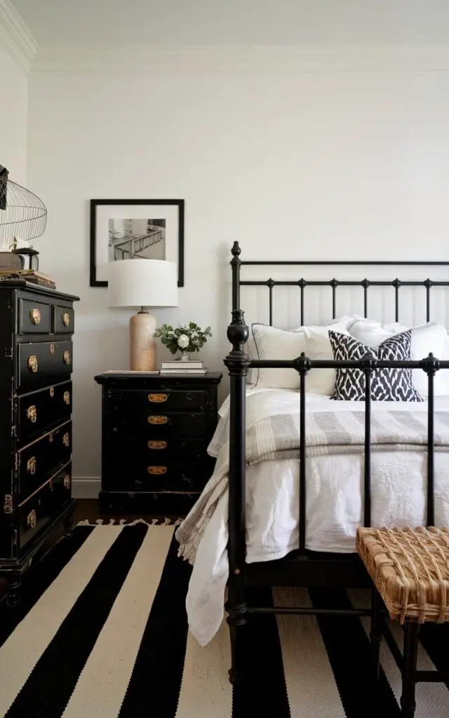 A nostalgic black and white cozy bedroom featuring vintage black furniture, including a distressed black dresser and a very cozy bed with white linens. The bed has dark black iron detailing, adding charm to the setup. White walls and a black-and-white striped rug bring warmth and sophistication to this stylish space.