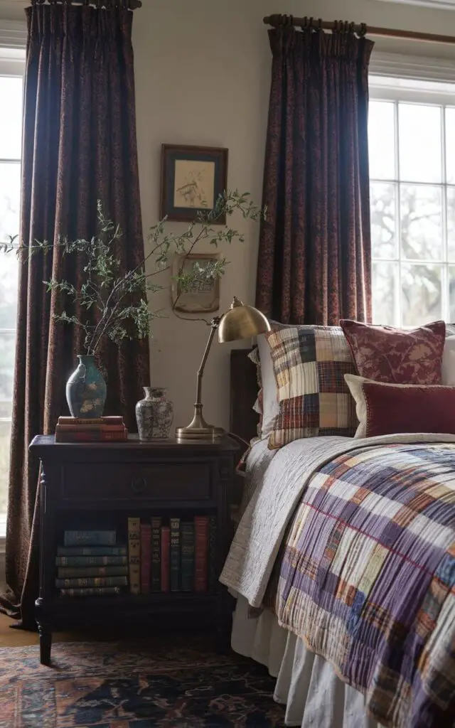 A photo of a traditional bedroom with a cozy, vintage charm. The room has a dark wood nightstand beside the bed, which is dressed with a patchwork quilt and plush pillows. There's a collection of vintage books on the nightstand. A brass reading lamp casts soft light over the bed and books. Above the nightstand, a small framed artwork and a delicate plant in a vintage vase add life to the setting. The room has rich, heavy curtains in a dark shade framing the windows and a patterned rug adds texture.