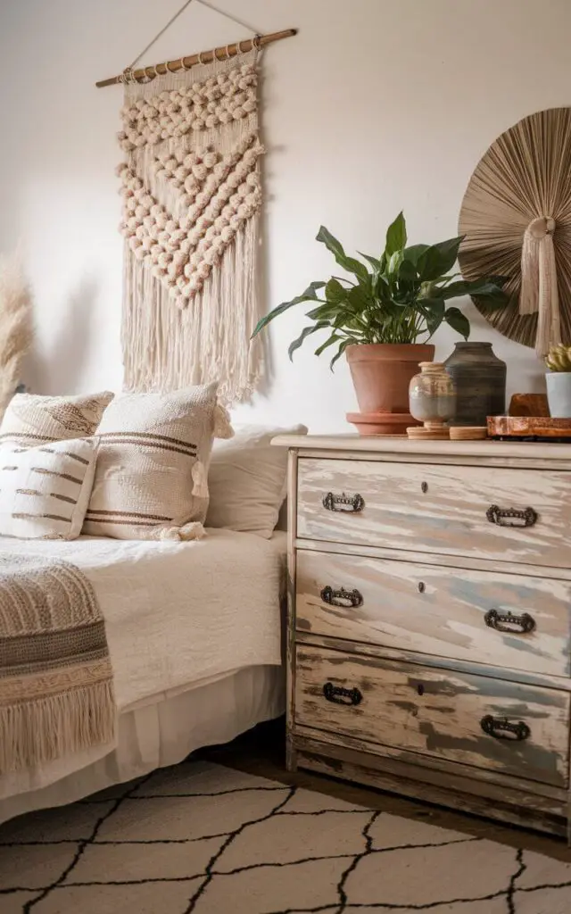 A photo of a boho bedroom with a cozy bed and a vintage distressed wood dresser. The bed is dressed in neutral tones with textured throws and decorative pillows. The dresser is placed near the bed and holds potted plants and artisanal decor. Above the dresser, a woven wall hanging adds texture. Ambient lighting highlights the dresser's natural wood grain. The overall room has an eclectic and inviting vibe.