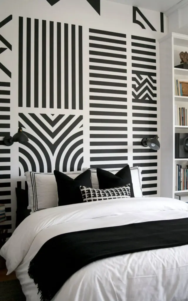 A photo of a black and white bedroom with a playful design. The room has a cozy bed with white bedding, a black throw, and black pillows. Above the bed, there are wall decals in the shape of geometric patterns. The decals are in black and add contrast to the white walls, creating a fun yet modern design. The room has a few other items, such as a lamp and a bookshelf.