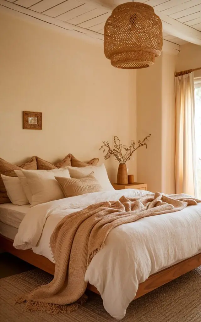 An earthy bedroom in warm whites features a very cozy bed with off-white linens, creating a bright yet grounded space. The walls are painted in a warm cream shade, and the bed is topped with layered blankets in various textures, including a soft knit throw. A woven rattan light fixture hangs above, casting a golden glow that enhances the cozy, inviting atmosphere. The room’s light wood furniture and minimal decor give it an airy, peaceful ambiance that feels both earthy and sophisticated.