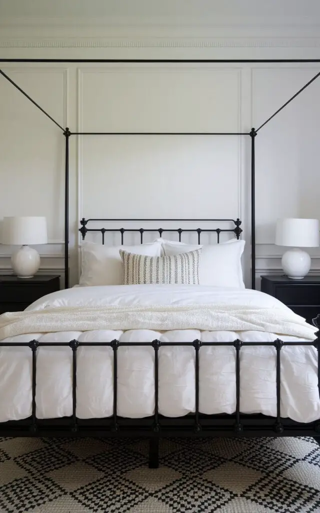 A classic black and white bedroom featuring a cozy bed with soft white bedding and a black metal bed frame. The clean, straight lines of the frame add structure and contrast against the bright, crisp bedding. The walls are a soft white, with a black-and-white patterned rug underfoot. Simple black nightstands flank the bed, each holding a white ceramic lamp, adding symmetry and balance to this timeless, elegant bedroom.