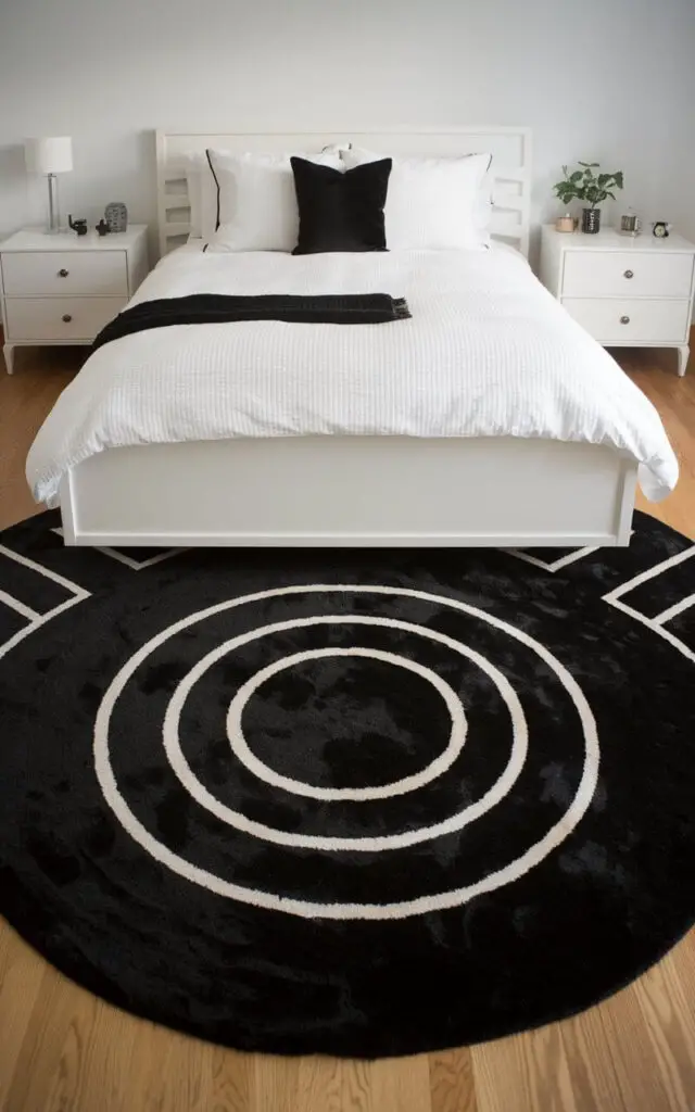 A photo of a bright, black and white bedroom with white furniture placed on a soft black rug. The room contains a cozy bed with white bedding and a black accent pillow. The bed is placed in the center of the room, flanked by white nightstands on each side. The black rug creates a ground plane, adding depth and warmth to this airy, balanced room.