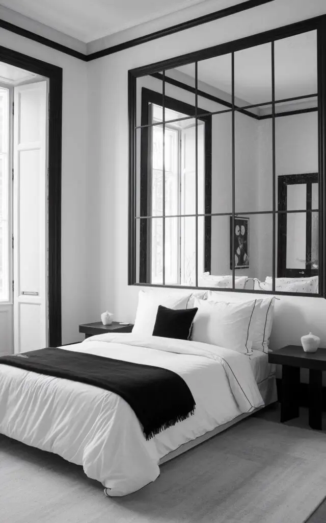 A black and white photo of a bedroom with white walls and black trim around the windows and door. There is a cozy bed with white bedding and a black throw blanket in the center of the room. Two sleek black bedside tables flank the bed. A large black-framed mirror is mounted on one wall, reflecting the decor and adding depth to the space.