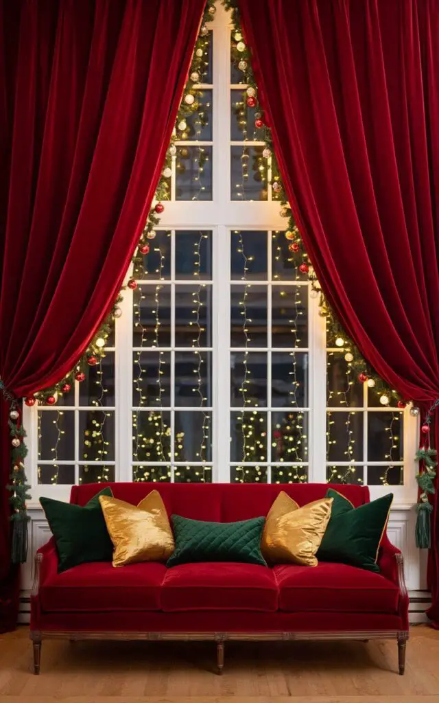 A Christmas living room with red velvet curtains framing large windows adorned with string lights. Below the windows, a very cozy sofa with gold and green pillows stands out against the festive backdrop. Small garlands with ornaments hang from the curtain rods, completing the enchanting holiday display.