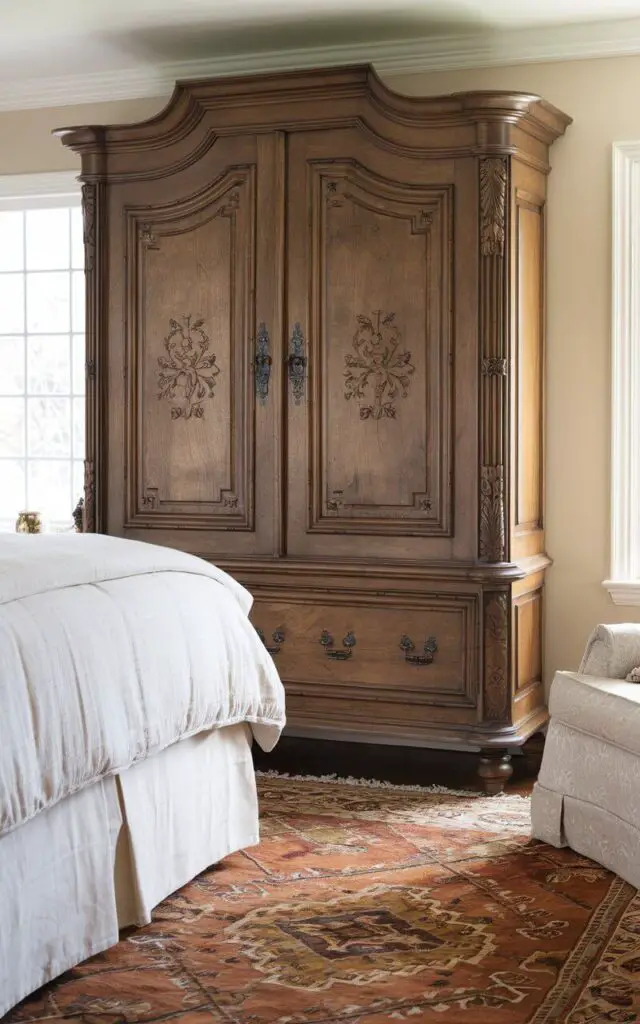 A photo of a traditional bedroom with a large wooden armoire, a cozy and comfy bed with crisp, white bedding, and a Persian rug in earth tones. The armoire has intricate carvings and is used for storage. The dark wood tones of the armoire complement the other furniture in the room, creating a harmonious look. Soft lighting from a nearby window adds warmth to the space.