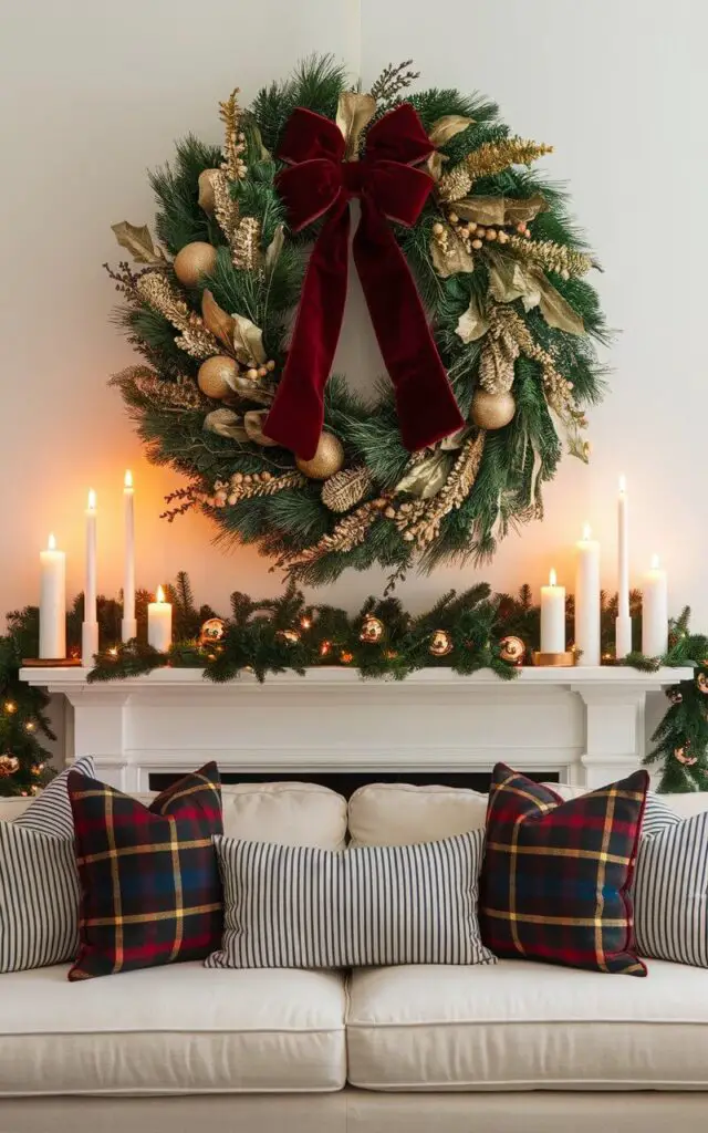 A Christmas living room with a stunning statement wreath hung above the fireplace. The wreath features lush greenery, golden baubles, and a large red velvet bow. A very cozy sofa with a white slipcover is accented by striped and tartan pillows. On the mantel, matching garlands and glowing candles complete the coordinated holiday decor, with the overall scene bathed in warm, festive lighting.