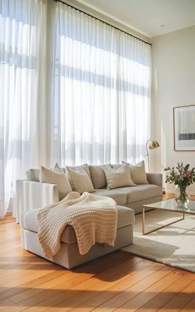 A bright and inviting living room with large floor-to-ceiling sheer curtains in crisp white, gently flowing as sunlight filters through. A very cozy gray sofa adorned with textured throw pillows and a knitted blanket sits in the foreground, complemented by a sleek glass coffee table with fresh flowers in a vase. The hardwood floor shines warmly, and minimalist decor like a brass floor lamp and a framed abstract painting complete the tranquil vibe.