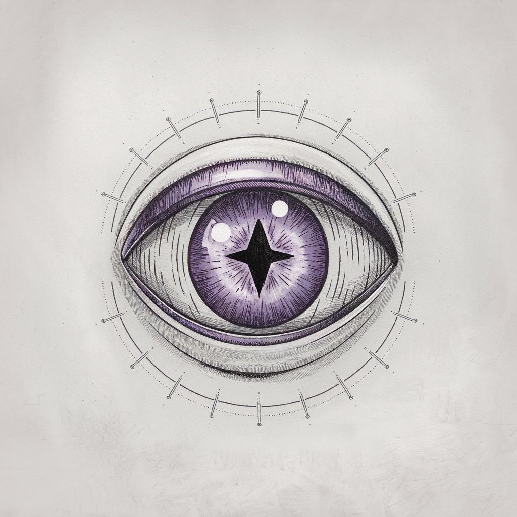 A pencil drawing of an alien eye with a lavender-colored iris and an unusual, triangular pupil. The sclera is dark and has faint symbols circling the iris. The background is plain white. The drawing is minimalist and has a simplistic style.