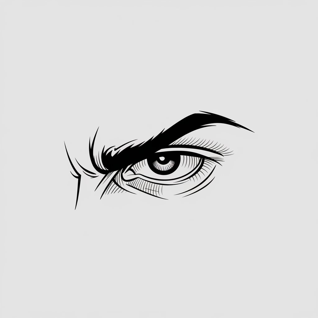 A minimalist, plain white background pencil drawing illustration of an angry eye with a sharp, arched eyebrow. The iris is dark and intense, and the creases around the eye add tension. Drawn in a simplistic style, the lines are bold and dynamic to enhance the aggressive tone.