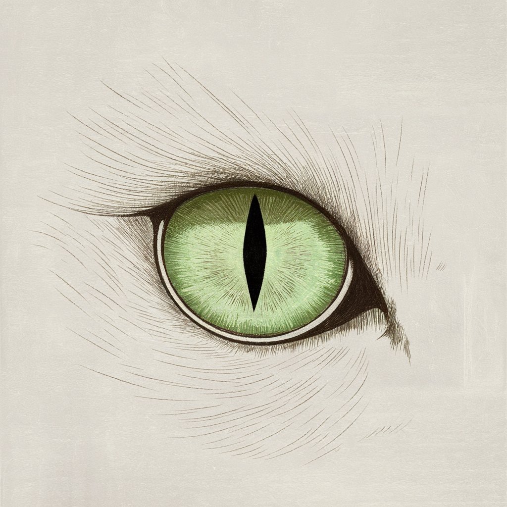 A minimalist, plain white background pencil drawing illustration of a cat's eye with a vertical slit pupil. The iris is a vivid green with subtle texture, and the surrounding fur is lightly sketched. Drawn in a simplistic style, the focus is on the eye's unique animalistic shape.