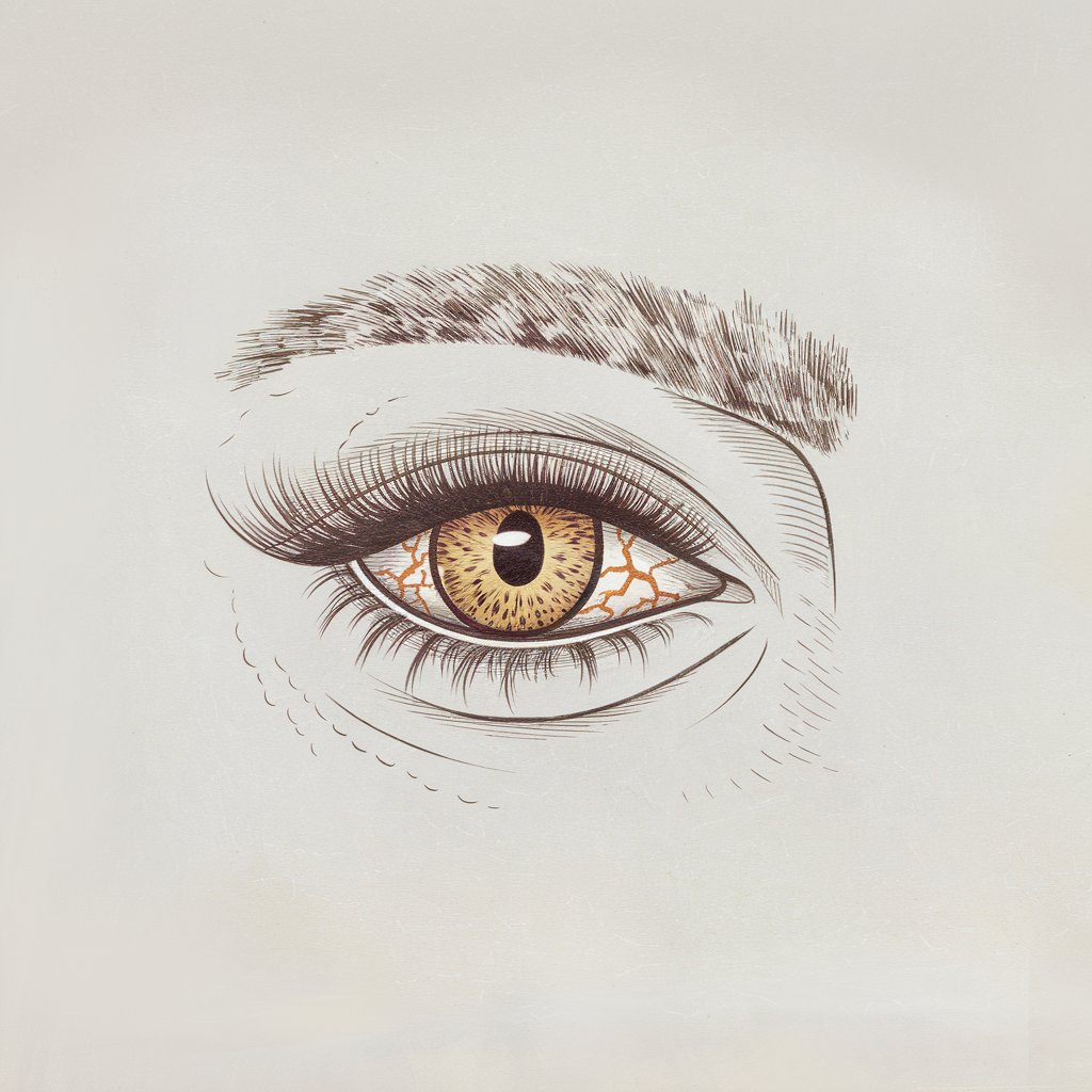 A minimalist pencil-drawn illustration on a plain white background, depicting a hybrid eye that blends human and animal features. The eye features a feline iris surrounded by feline pupils, human lashes, and the sclera has reptilian veins. The surrounding skin showcases subtle fur textures. Rendered in a simplistic style, the artwork seamlessly combines elements of nature and fantasy.