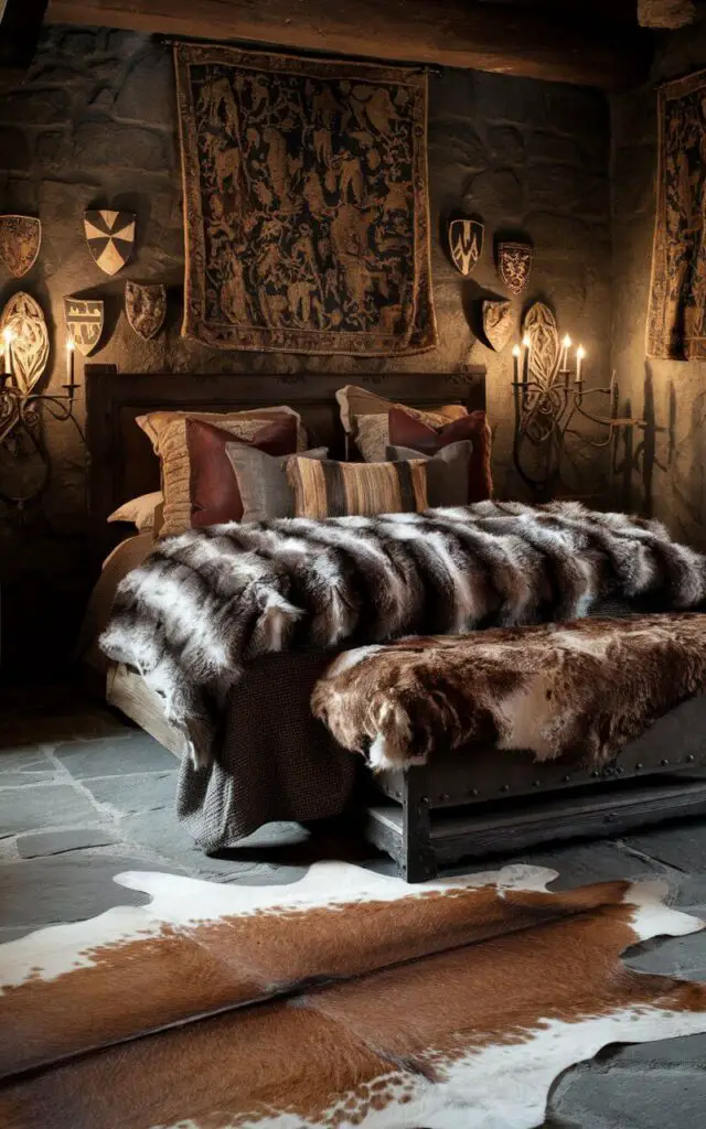 A photo of a medieval bedroom with a cozy bed. The bed is layered with fur throws and soft woolen blankets. The stone floor is covered with a large faux animal hide rug. The bed features a dark wood frame. The walls are decorated with small, antique shields and tapestries. Wrought iron sconces provide dim, atmospheric lighting.