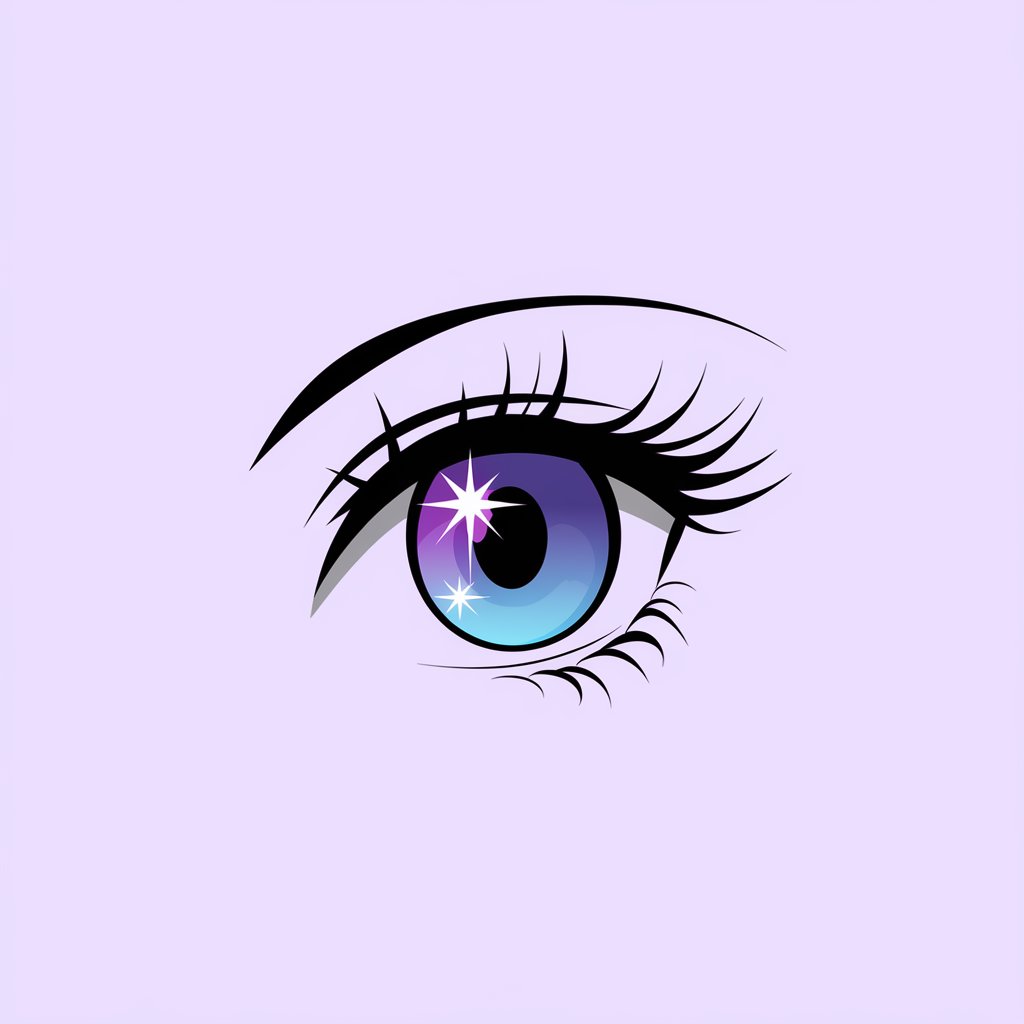 A minimalist, plain white background pencil drawing illustration of an anime-style eye with large, sparkling highlights and a gradient-colored iris in shades of purple and blue. Thick lashes and stylized lines frame the eye. Drawn in a simplistic style, it captures the iconic charm of anime art.