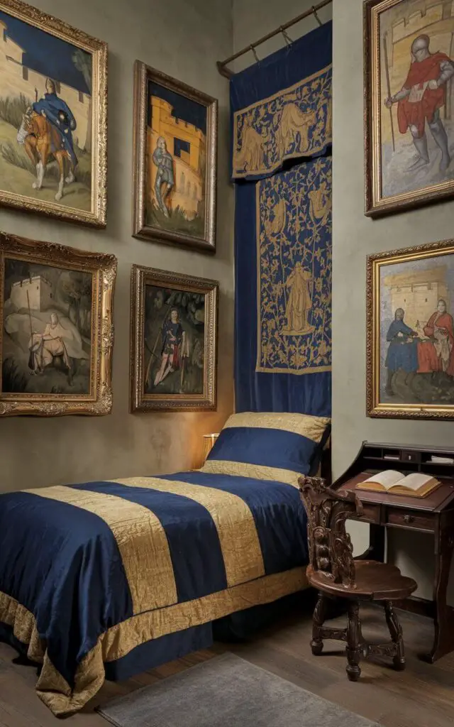 A photo of a medieval bedroom with a cozy bed surrounded by framed medieval-inspired artwork. The walls display paintings of knights and castles, housed in ornate, gilded frames. The bed, draped with deep blue and gold bedding, sits beneath a wall-mounted tapestry. A carved wooden chair and a small wooden desk with an open book complete the historical atmosphere.