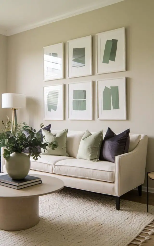 A chic sage green living room with walls painted in a soft neutral tone to highlight a series of framed artwork featuring sage green accents. A very cozy cream-colored sofa is styled with sage green and charcoal-gray throw pillows. The round coffee table displays a modern vase filled with greenery, while a tall floor lamp provides ambient lighting. Subtle decor elements, like a textured rug, pull the room together.