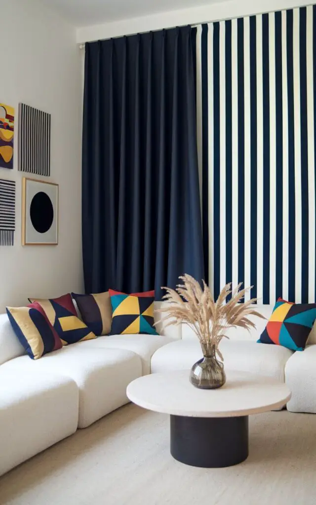 A creative living room with asymmetrical curtains in contrasting fabrics—one panel in solid navy and the other in a bold stripe pattern. A very cozy white sectional sofa with colorful geometric cushions is paired with a round coffee table holding a vase of dried grasses. The mix-and-match style is echoed in the eclectic wall art.