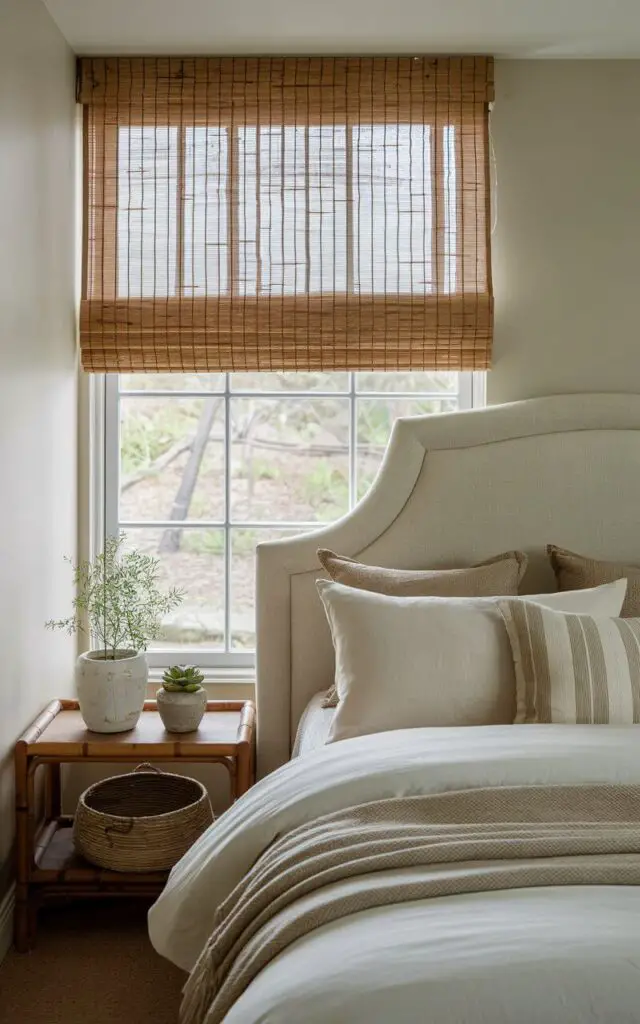 A photo of a tranquil bedroom with a bamboo curtain window. The room has a neutral color scheme with earthy tones. A cozy upholstered bed with a cream fabric headboard is placed in front of the window. The bed is layered with white and beige bedding. A wooden nightstand beside the bed holds a small potted plant and a woven basket, adding to the organic theme. The room has a calming ambiance.