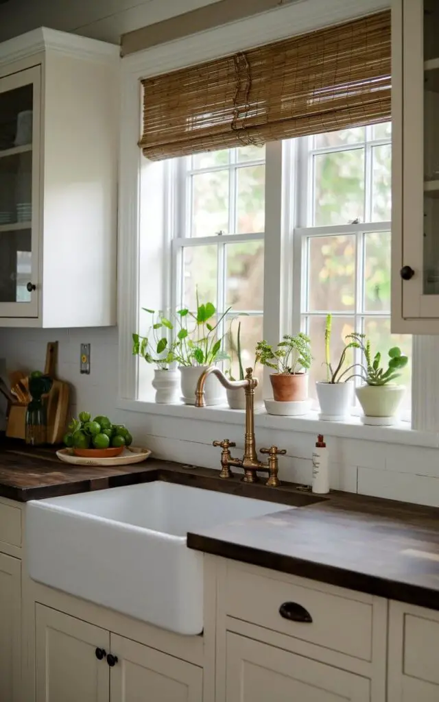 A rustic farmhouse kitchen with a white cabinetry, a dark butcher block countertop, and a bamboo kitchen window curtain above the kitchen sink. The sink has a bronze gooseneck faucet. There are green plants on the windowsill. The overall ambiance is earthy and fresh.