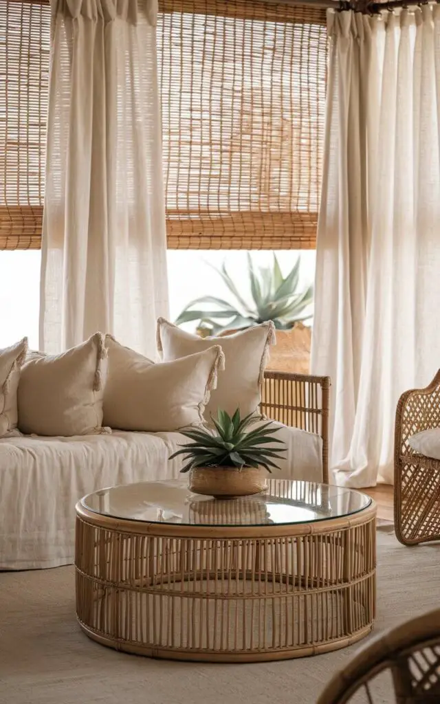 A photo of a warm and earthy living room with a bamboo woven shade and light, airy white curtains. There is a cozy cream sofa with oversized linen cushions and a rattan coffee table with a glass top holding a potted succulent. The natural tones of the shades are echoed in the wooden floor and a wicker chair nearby.