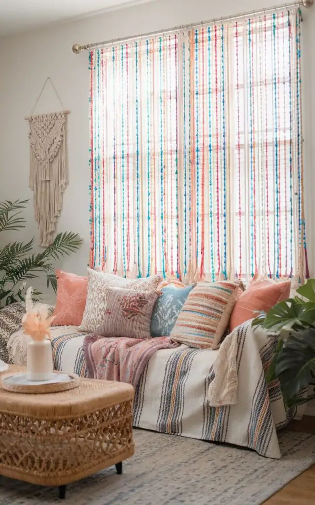 A photo of a free-spirited living room with colorful beaded curtains hanging over the window, creating a playful cascade of light reflections. A very cozy bohemian-style sofa covered in a mix of patterned throws and pillows takes center stage. The room is accented with a woven coffee table, macramé wall art, and lush indoor plants.