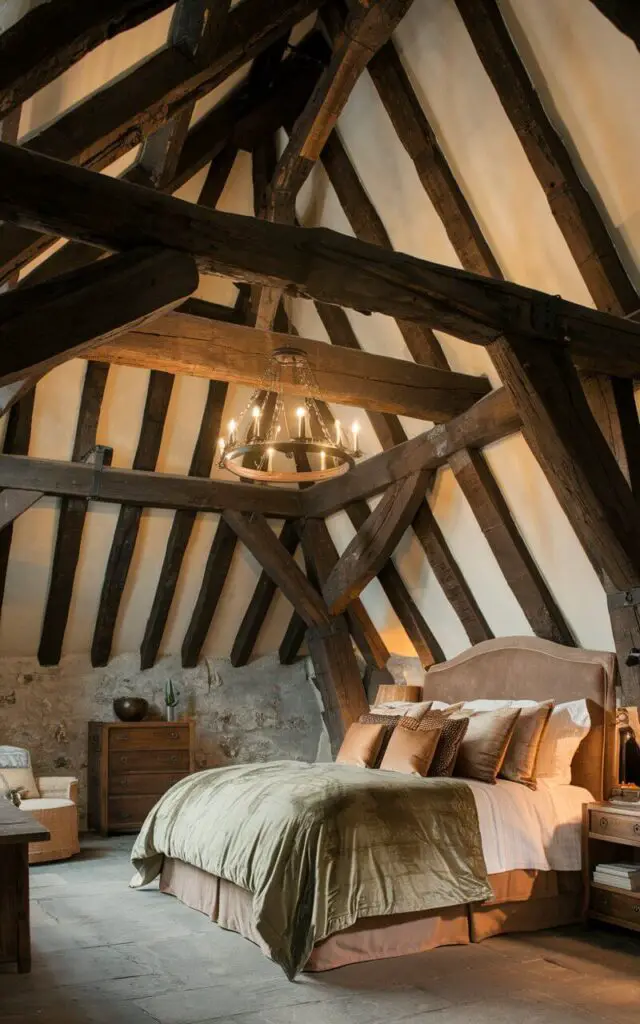 A photo of a medieval bedroom with a cozy bed beneath an exposed wooden-beam ceiling. The beams are dark and rustic, complementing the stone walls and wooden furniture. The bed, adorned with soft velvet and linen in earthy tones, adds comfort to the space. A wrought iron chandelier hangs from the beams, providing warm, ambient lighting.