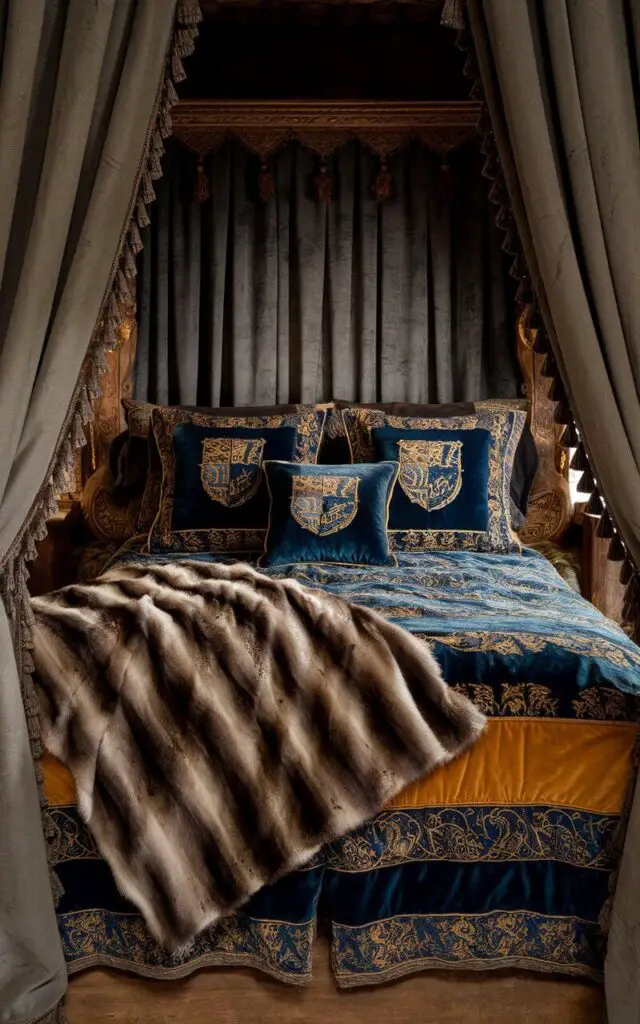 A photo of a medieval bedroom with a cozy bed dressed in luxurious, medieval-style bedding. The bed features an ornate wooden frame, rich, embroidered sheets in deep blue and gold tones, decorative pillows with heraldic motifs, a thick, velvet quilt with tassels, and a fur throw draped over the foot of the bed. Heavy curtains frame the bed, completing the grand, medieval aesthetic.