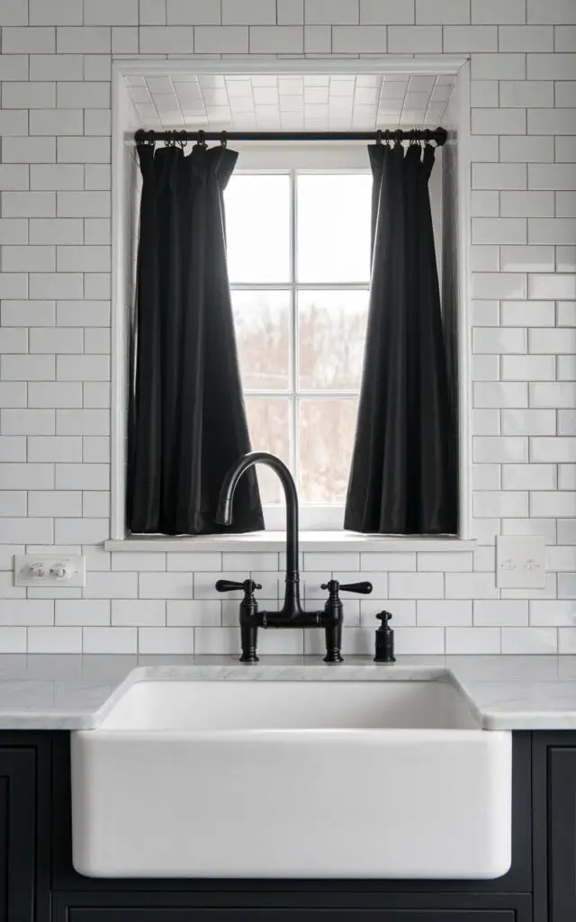 A photo of a modern farmhouse kitchen with a matte black faucet above a white sink. The sink is placed in front of a window with sleek black curtains. The walls are covered in white subway tiles, and the countertop is made of marble. The overall design has a bold and sophisticated contrast.