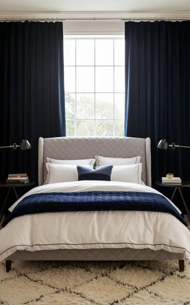 A sleep-friendly bedroom with dark navy blue blackout bedroom window curtains that completely block out light for restful nights. The curtains frame a large window, their rich color adding depth to the room. In front of the window stands a very cozy upholstered bed with a quilted fabric headboard in soft gray, layered with white bedding and a navy blue coverlet. A sleek black bedside table holds a reading lamp and a stack of books, while a fluffy area rug enhances comfort underfoot.