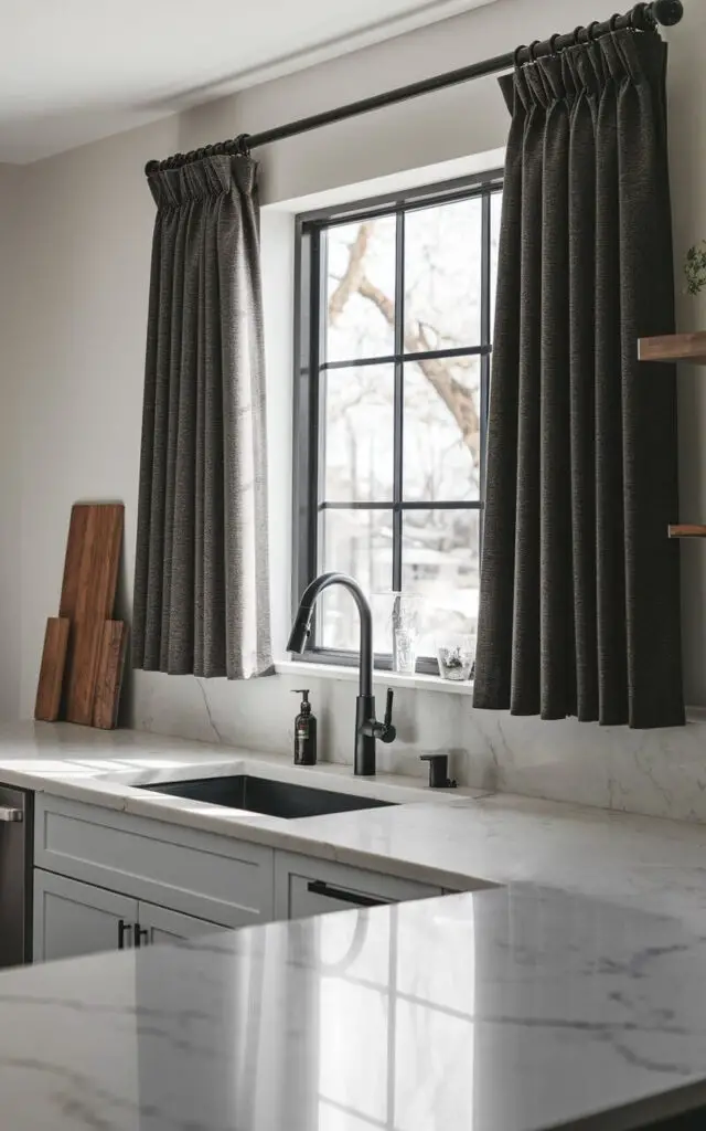 A photo of a contemporary farmhouse kitchen with a matte black faucet and sleek marble countertops. Over the kitchen sink, there is a charcoal-gray blackout kitchen window with curtains. The thick curtains create a dramatic effect, offering privacy and light control. The minimalist decor and clean lines enhance the modern aesthetic.