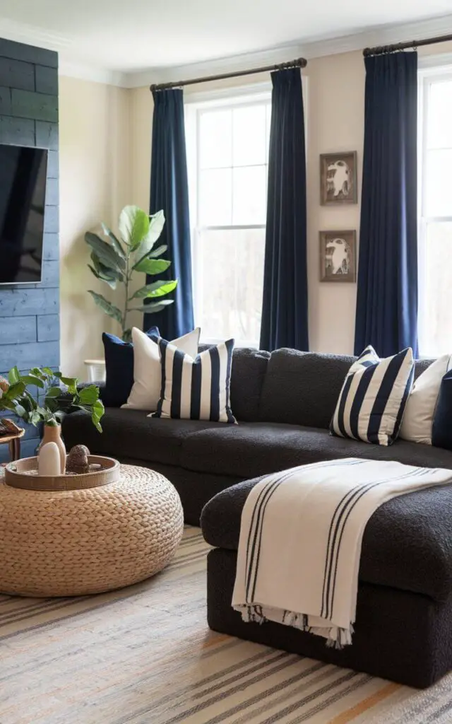 A photo of a family-friendly living room with rich navy blackout curtains, a cozy sectional sofa in plush charcoal fabric, soft fleece blankets, striped pillows, a large woven coffee table, and a wall-mounted TV.