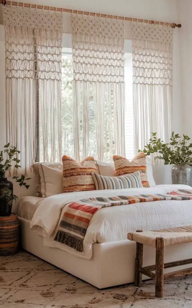 A photo of a bohemian-inspired bedroom with intricate macramé bedroom window curtains that bring texture and artistry to the space. The hand-knotted panels partially cover a wide window, allowing soft light to filter through. Below the window, a very cozy upholstered bed with a low-profile design and neutral linen fabric sits surrounded by layered throw blankets and colorful boho-patterned cushions. A rustic wooden bench at the foot of the bed, paired with potted greenery, completes the eclectic and relaxing vibe.