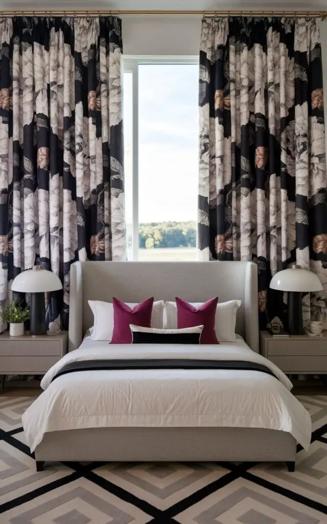 A photo of a statement-making bedroom with oversized floral printed bedroom window curtains in bold shades of black and white. The curtains are wide open, revealing a serene landscape outside. The room has a cozy upholstered bed with a wingback headboard in soft gray fabric, layered with white bedding and vibrant throw pillows. A geometric rug and contemporary nightstands with sleek, minimalist lamps complete the room. The overall design is modern and chic, with a touch of boldness.